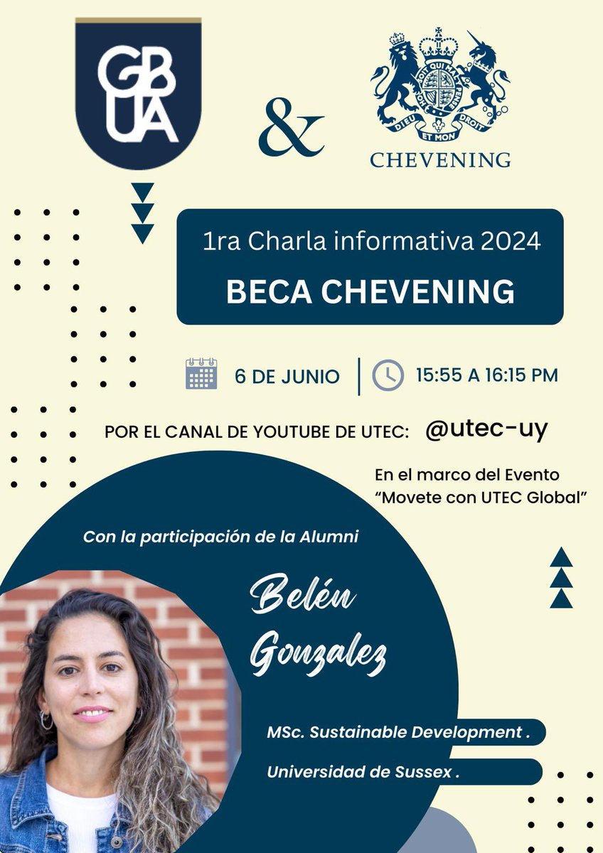 GBUAuy's tweet photo. El 6 de Junio entre las 15:55 y las 16:15hs, estaremos participando del evento virtual “Movete con UTEC Global 2024” a través del canal de Youtube de @UTECuy ¡No te pierdas esta oportunidad de escuchar a nuestra Alumni Belén Gonzalez , y conocer  detalles de la beca Chevening! https://t.co/GEErvkJyQk
