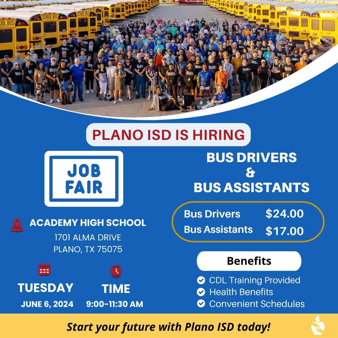 The Plano ISD Job Fair will take place June 6th at Academy High School!  Immediate openings in Transportation, Food and  Nutritional Services and  Facilities!! <a href="/Plano_Schools/">Plano ISD</a> <a href="/PlanoISDSAS/">PISD SAS</a> <a href="/PISDeas/">PISD EAS</a> <a href="/MAS_PlanoISD/">Multilingual Academic Services PISD</a> <a href="/Planocounselors/">Plano ISD Counseling Services</a> <a href="/KristinHebert10/">Kristin Hebert, Ed.D.</a> <a href="/tnolanwilliams/">Theresa N Williams</a>  <a href="/PISDAthDept/">Plano ISD Athletic Department</a>