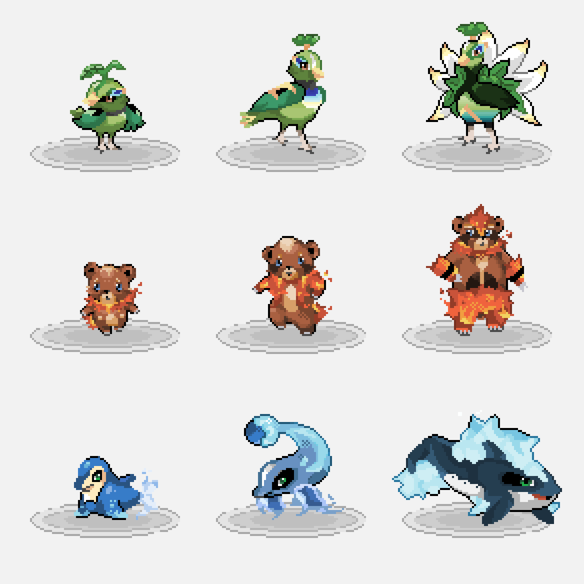 melpoli_98's tweet photo. Doing c0mms (thank you! 🙇‍♂️) so I'll pull from the vaults in the meantime. Here are old fakemon starters I did 🫣. My favorite has to be the Grass-type line! https://t.co/XOvNvF0OBr