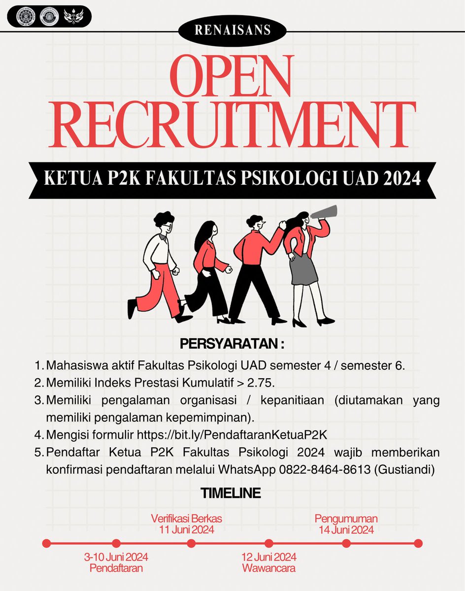 bemfapsiuad's tweet photo. [OPEN RECRUITMENT KETUA P2K FAPSI UAD 2024] 📣

Halo teman-teman KBM FAPSI!

Sehubungan dengan semakin dekatnya tahun ajaran baru 2024/2025, maka kami membuka pendaftaran Ketua P2K FAPSI UAD 2024 Segera daftarkan untuk menjadi the chief committee berikutnya! https://t.co/s4TPmA2MYt