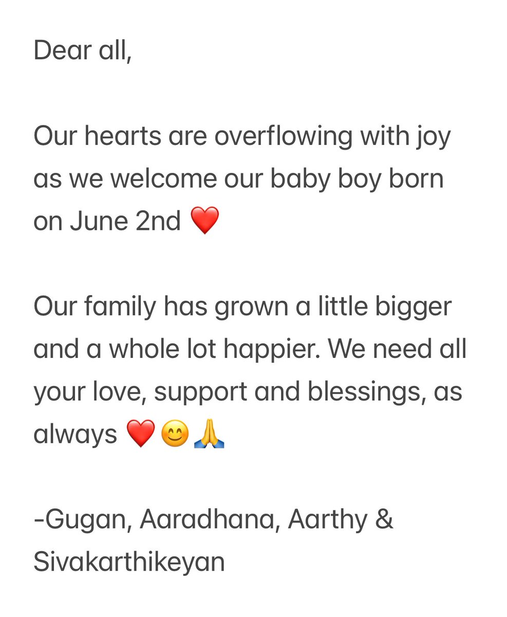 Siva_Kartikeyan's tweet photo. #BlessedWithBabyBoy ❤️❤️❤️ https://t.co/LMEQc28bFY