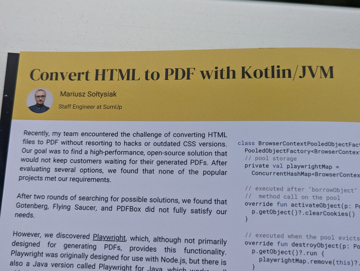 fun code() Magazine (@funcode_mag) on Twitter photo Need to convert HTML pages to PDF with <a href="/kotlin/">Kotlin by JetBrains</a>? Then <a href="/mariusz_so/">Mariusz Sołtysiak</a> has just the right article for you!
Read up on how to convert HTML to PDF files using Playwright and Kotlin! 🙌
Now on page 12 in the fun code() Magazine. Download the PDF here:
github.com/kotlin-magazin… Need to convert HTML pages to PDF with <a href="/kotlin/">Kotlin by JetBrains</a>? Then <a href="/mariusz_so/">Mariusz Sołtysiak</a> has just the right article for you!
Read up on how to convert HTML to PDF files using Playwright and Kotlin! 🙌
Now on page 12 in the fun code() Magazine. Download the PDF here:
github.com/kotlin-magazin…