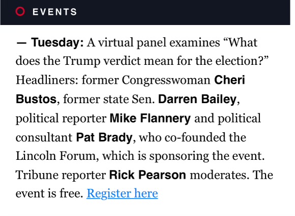 Join Lincoln Forum tomorrow (June 4) at 12pm CT for a FREE virtual panel discussion about the Trump verdict. Thank you to <a href="/ShiaKapos/">Shia Kapos</a> for the mention in <a href="/politico_il/">POLITICO Illinois</a> today. Register: bit.ly/3VpnDVO