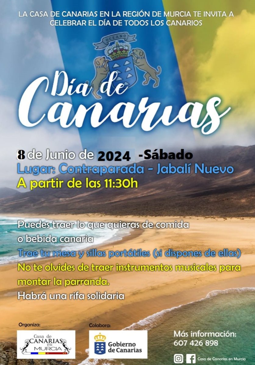 Este sábado día 8 de junio, los!#CanariosenMurcia celebramos el día de Canarias con un tenderete a partir del mediodía en la Contraparada ( entre Alcantarilla y Jabalí viejo)