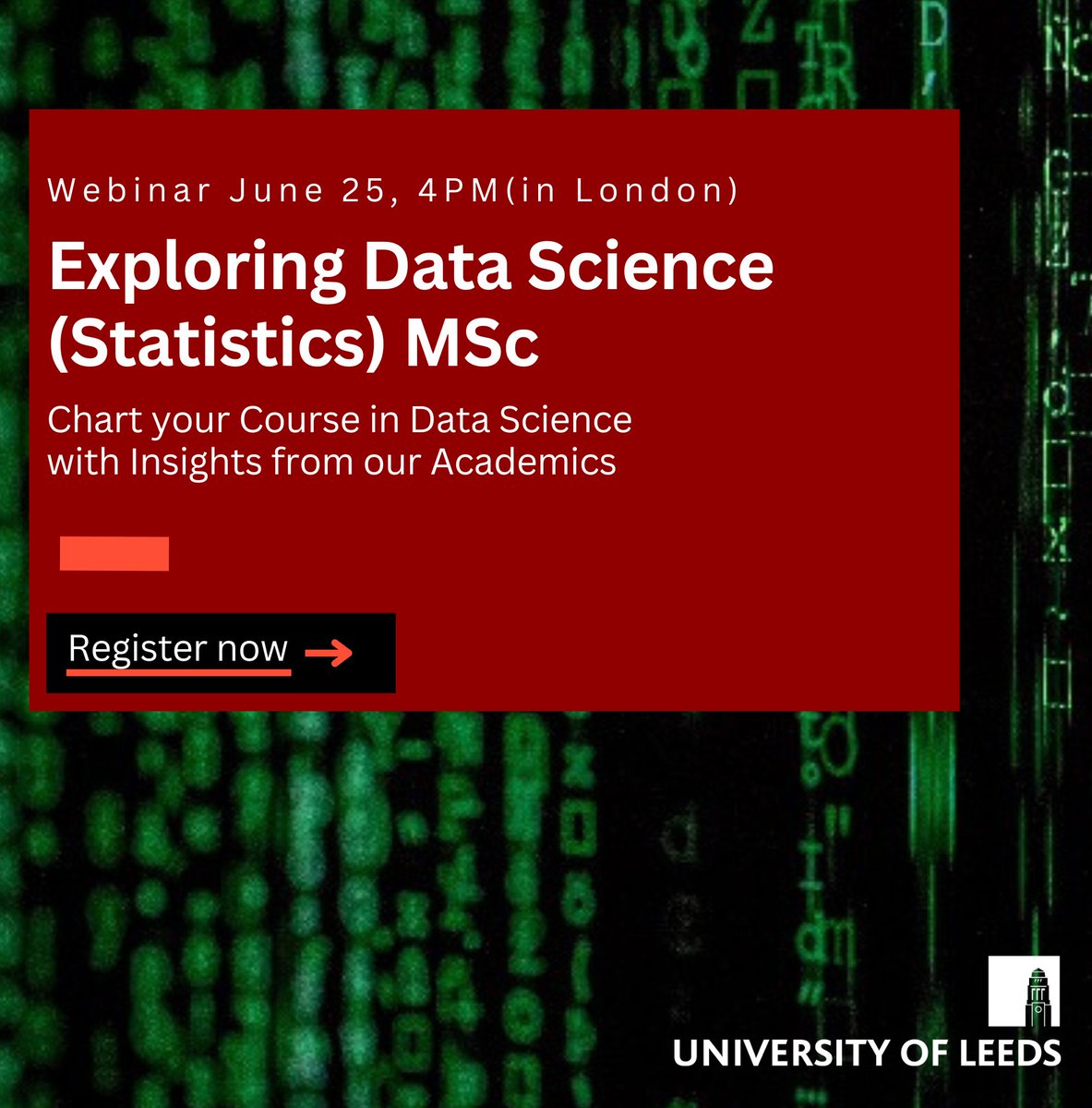 Online Courses at the University of Leeds (@uoldigital) on Twitter photo 🚀Join us on June 25 for a panel discussion with <a href="/UniversityLeeds/">University of Leeds</a> academics about the MSc Data Science (Statistics) degree!
Gain insights and engage in a live Q&A.
Register now!🔗zoom.us/webinar/regist…
#DataScience #Webinar 🚀Join us on June 25 for a panel discussion with <a href="/UniversityLeeds/">University of Leeds</a> academics about the MSc Data Science (Statistics) degree!
Gain insights and engage in a live Q&A.
Register now!🔗zoom.us/webinar/regist…
#DataScience #Webinar