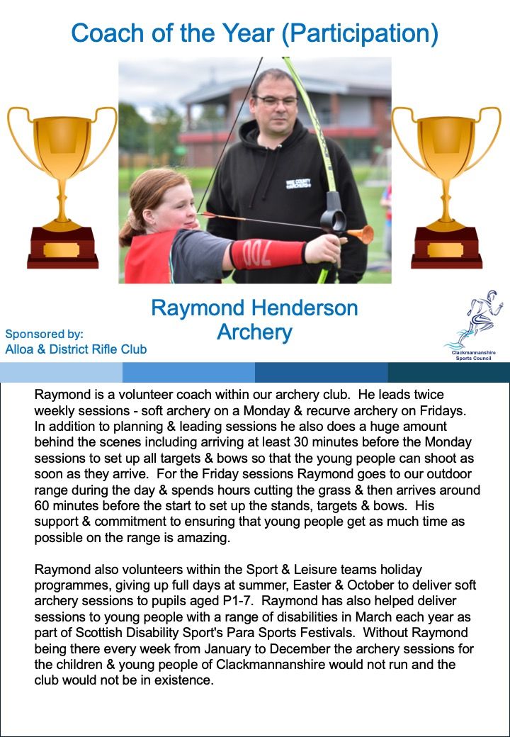ClacksSport's tweet photo. We've got 7 days to celebrate our volunteers, today we focus on the winner of our Coach of the Year - Raymond Henderson @WeeArchers.  Without volunteers like Raymond, our grassroots sports clubs could not succeed. #ClacksSports #VolunteersWeekScot https://t.co/UAfMAQ9NP6
