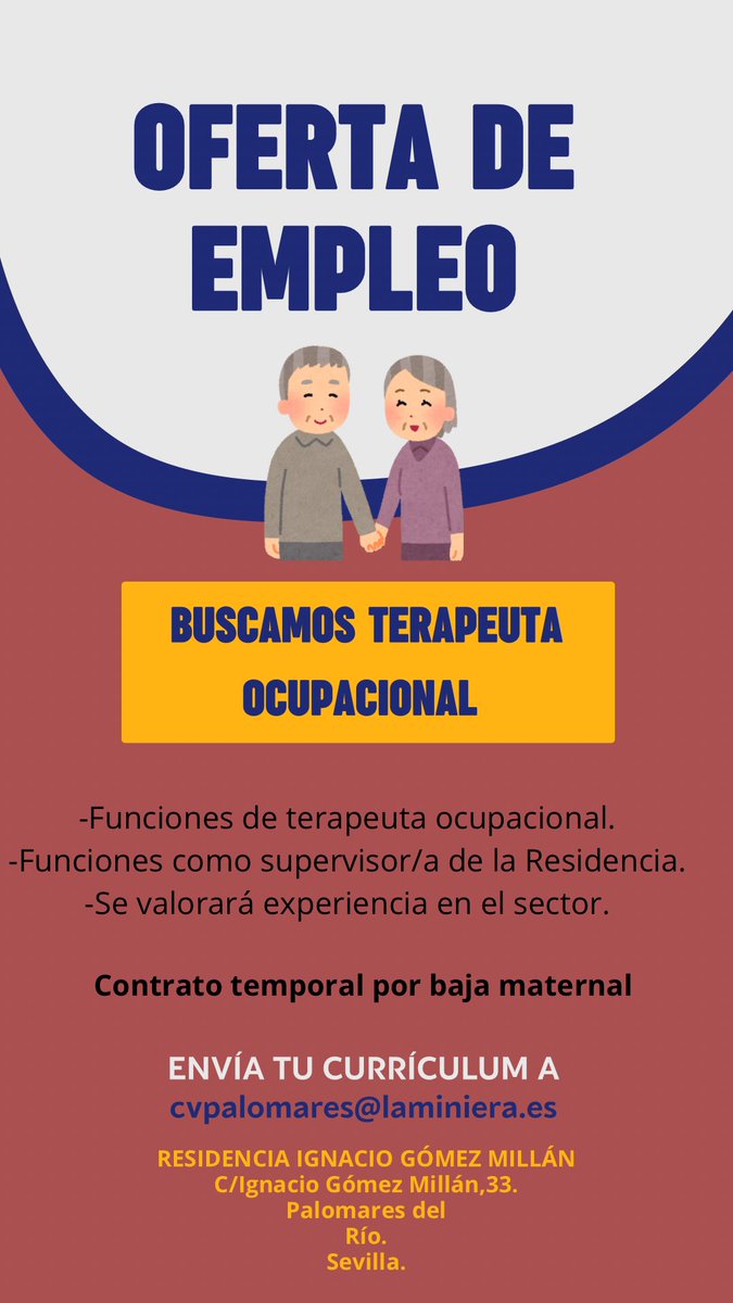 marisamariscal's tweet photo. OFERTA DE EMPLEO⚠️

Residencia Ignacio Gómez Millán🏡
Palomares del Río-Sevilla📍

Se agradece RT porfi♥️ https://t.co/dsPaSCSDam