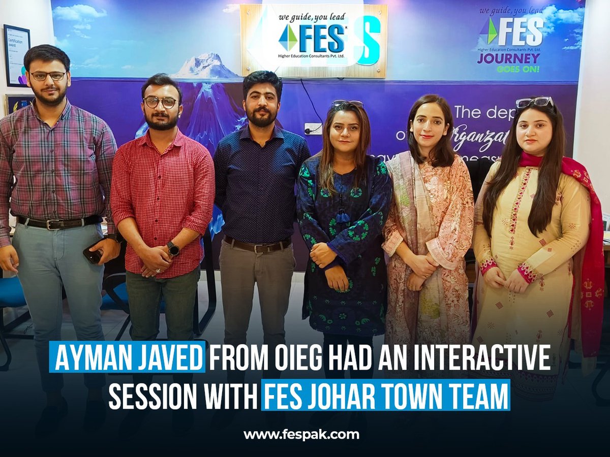 Thanks to Ms. Ayman Javed, the International Recruitment Manager at OIEG for having an Interactive Session with FES Johar Town Team.
fespak.com
#FES #FESConsultants #FES2024 #StudyAbroad #InteractiveSession
#FESTeam #EducationConsultation  
 #WorldClassEducation