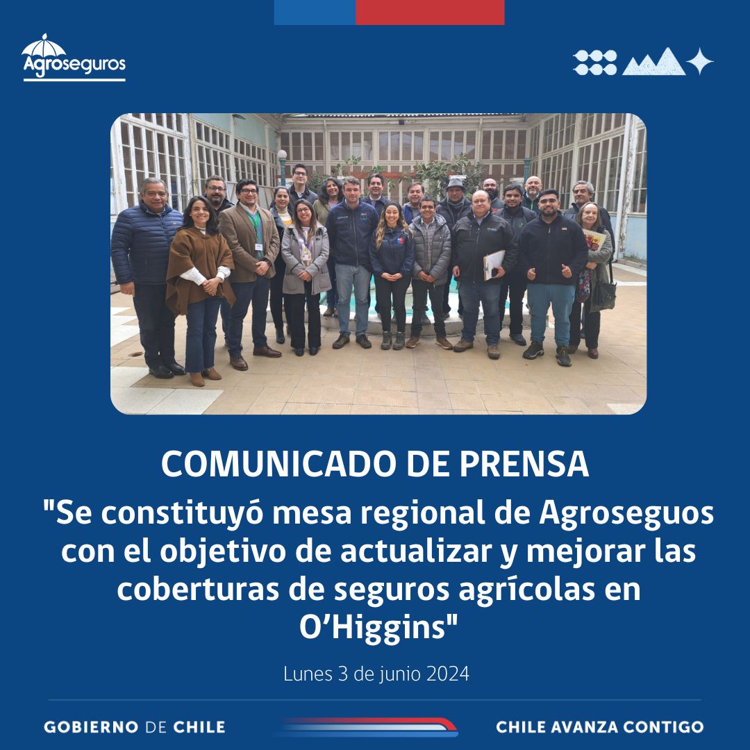 🔴 #Comunicado✍️ | SE CONSTITUYÓ MESA REGIONAL DE AGROSEGUROS CON EL OBJETIVO DE ACTUALIZAR Y MEJORAR LAS COBERTURAS DE SEGUROS AGRÍCOLAS EN O'HIGGINS  

Lee más ➡️bit.ly/3RdsQNY

<a href="/MinagriOhiggins/">Seremi Agricultura O'Higgins</a>