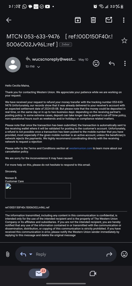 Nubyaqn's tweet image. @WesternUnion 
"I was led to believe that emailing customerservice@westernunion.com would get results, but all I receive are AI-generated responses."
#ServiceNightmare