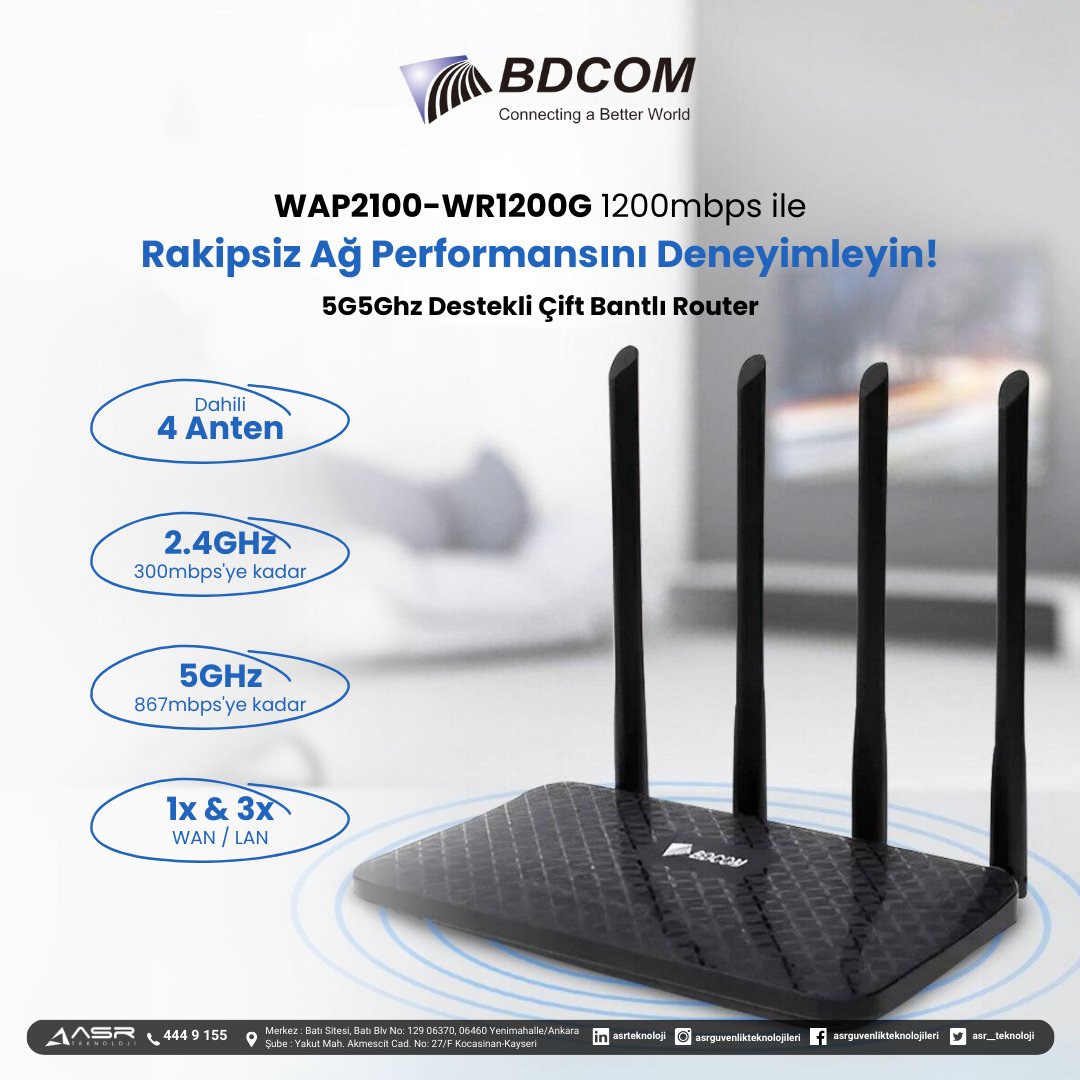 asr__teknoloji's tweet photo. BDCOM 5G5Ghz Destekli Çift Bantlı Router (WAP2100-WR1200G) STOKLARIMIZDA!..📢📢📢
☎️4449155
🌐https://t.co/zQy4Ohhb7M
🌐https://t.co/X4PJe19vxA
♦️Detaylı Bilgi İçin :
https://t.co/E7RUmw2So9
#AsrTeknoloji #BDCOM #çözümüretiyoruz #AsrAkademi #router #yönlendirici #stoklarımızda https://t.co/N6mvD6pums