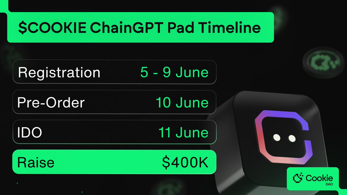 cookiedotfun's tweet photo. The $COOKIE #TGE is in sight! 🍪 

For those eager to dive in, here's a sneak peek at the timeline for $COOKIE's IDO on @ChainGPT_Pad 👀 

🗓️ Make sure to mark your calendar with these important dates! https://t.co/tUXUDMLNtg