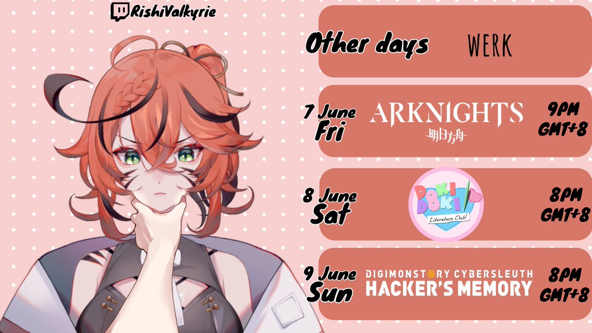RishiValkyrie's tweet photo. Starting a new game this week and back with Arknights for CC 😍(💀)

General #RishiValkyrie  
Fan name: #Rishlings  
Live #rishilive  
Clips #rishiclips  
Art #rishillusthttps://x.com/dEi_pft/status/1793127750687166633 https://t.co/9bmBEb3hsM