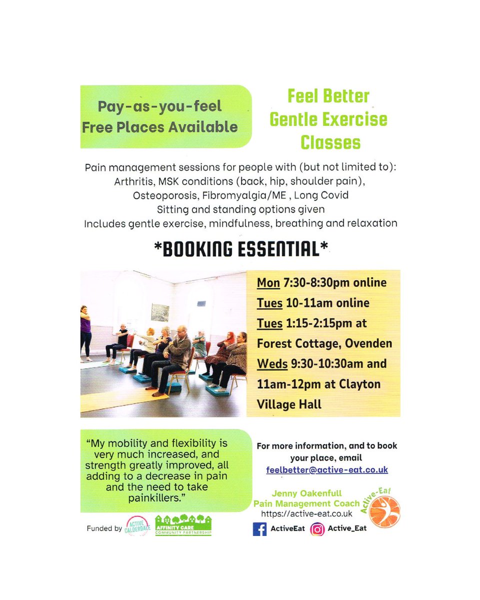 stayingwellcal's tweet photo. Feel Better Gentle Exercise Classes are great for people with mobility issues or who suffer pain
To book email feelbetter@active-eat.co.uk
#GentleExercise #PainManagement #AccessibleFitness #InclusiveMovement #ForestCottage #ActiveEat #StayingWell #ActiveCalderdale #AffinityCare https://t.co/icEVFlNYjg