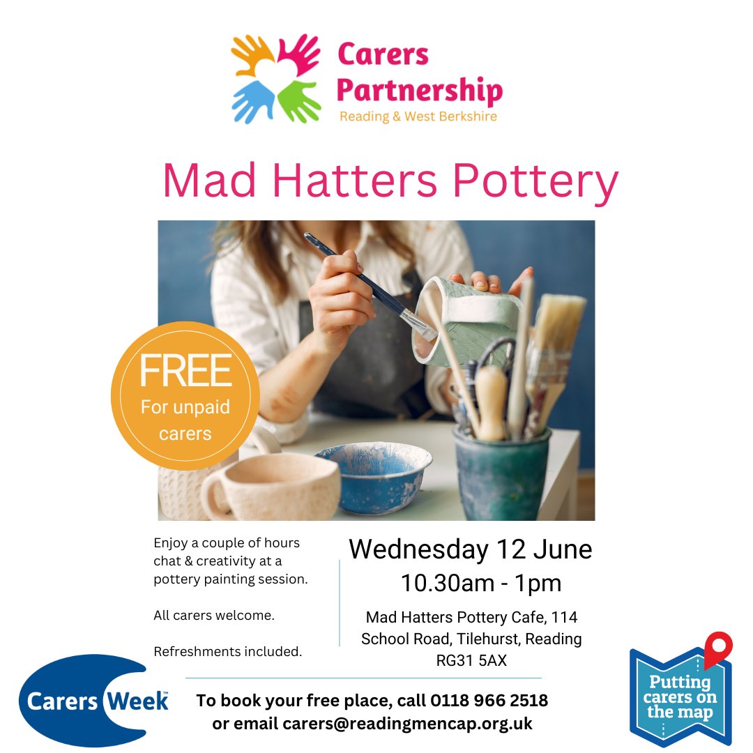 Reading Mencap (@readingmencap) on Twitter photo Unpaid family carers are invited to enjoy a couple of hours of chat and creativity at Mad Hatters Pottery Cafe on Wednesday June 11. Hosted by the Carers Partnership, this event is free. Please call 0118 966 2518 or email carers@readingmencap.org.uk to book your place. Unpaid family carers are invited to enjoy a couple of hours of chat and creativity at Mad Hatters Pottery Cafe on Wednesday June 11. Hosted by the Carers Partnership, this event is free. Please call 0118 966 2518 or email carers@readingmencap.org.uk to book your place.