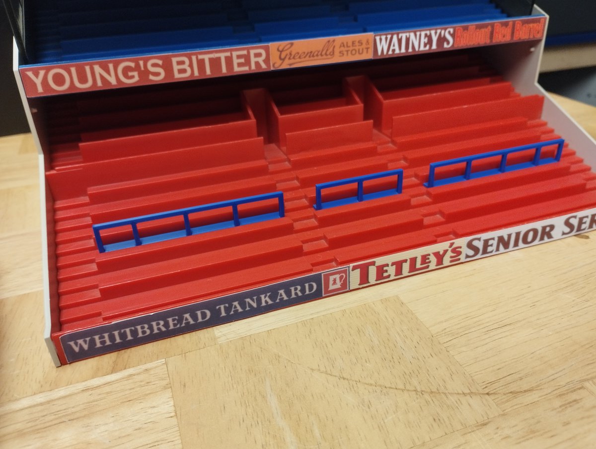 SubbuteoMill's tweet photo. A few bits done on their way to customers this week. Sloped Roof Terrace, Pitched Roofed Terrace and some Blue Barriers to suit the Original #Subbuteo Terrace. #subbuteostadium #subbuteocommunity https://t.co/s7cCtpJ8uc