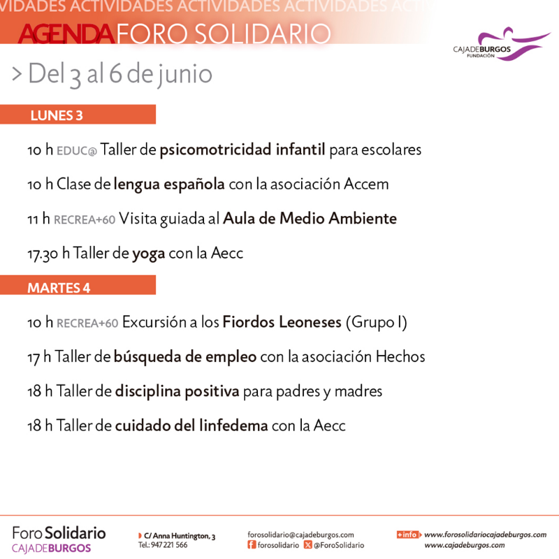 ForoSolidario's tweet photo. Esta primera semana de junio en el FORO SOLIDARIO tenemos un montón de actividades para todos los públicos 🙌
👉 Cine social y documental, excursiones y visitas para mayores en #ProgramaRECREA +60, talleres con entidades sociales, programación con centros educativos #EDUCA...