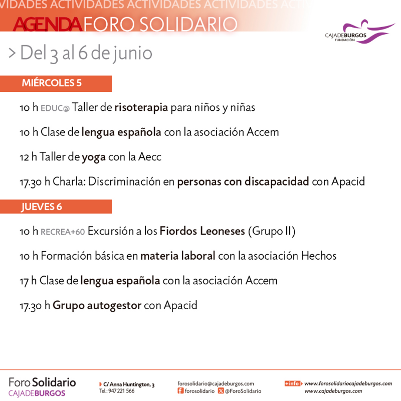 ForoSolidario's tweet photo. Esta primera semana de junio en el FORO SOLIDARIO tenemos un montón de actividades para todos los públicos 🙌
👉 Cine social y documental, excursiones y visitas para mayores en #ProgramaRECREA +60, talleres con entidades sociales, programación con centros educativos #EDUCA...