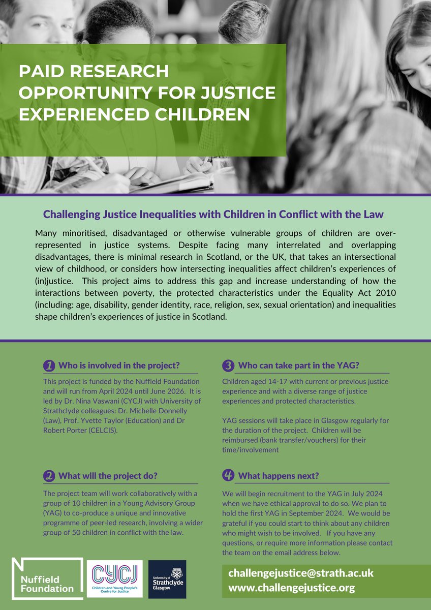 Nina Vaswani (@weeneens) on Twitter photo In July 2024, we will begin recruiting a Youth Advisory Group for our Challenging Justice Inequalities project - with <a href="/CYCJScotland/">CYCJ Scotland</a> <a href="/CELCIStweets/">CELCIS</a> <a href="/StrathEDU/">Strathclyde Institute of Education</a> <a href="/lawstrath/">Strathclyde Law School</a> and funded by <a href="/NuffieldFound/">Nuffield Foundation</a>
Please do think about any children you know who may be interested. More info 👇🏽 In July 2024, we will begin recruiting a Youth Advisory Group for our Challenging Justice Inequalities project - with <a href="/CYCJScotland/">CYCJ Scotland</a> <a href="/CELCIStweets/">CELCIS</a> <a href="/StrathEDU/">Strathclyde Institute of Education</a> <a href="/lawstrath/">Strathclyde Law School</a> and funded by <a href="/NuffieldFound/">Nuffield Foundation</a>
Please do think about any children you know who may be interested. More info 👇🏽