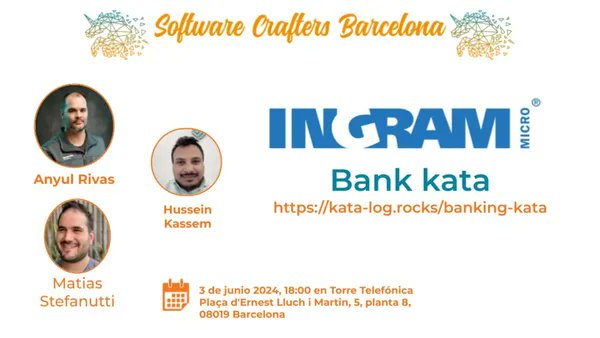 KudashevSergey's tweet image. I&apos;m looking forward to participating in today&apos;s Bank #kata. This is a design kata that helps hone design and testing skills.

Many thanks to @bcnswcraft for organizing it! And special thanks to @IngramMicroES for hosting it🙏

#SoftwareCrafters #codingdojo #katas