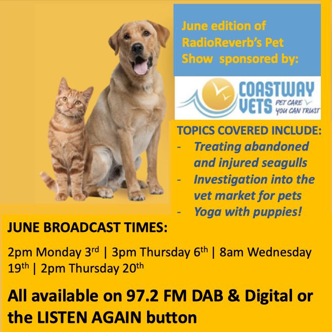On this month’s @radioreverb Pet Show sponsored by <a href="/coastwayvets/">Coastway Vets</a> topics covered include caring for injured seagulls; reaction to <a href="/CMAgovUK/">Competition & Markets Authority</a> vet market investigation and all about yoga with puppies. Tune in today at 2pm on 97.3FM DAB and digital