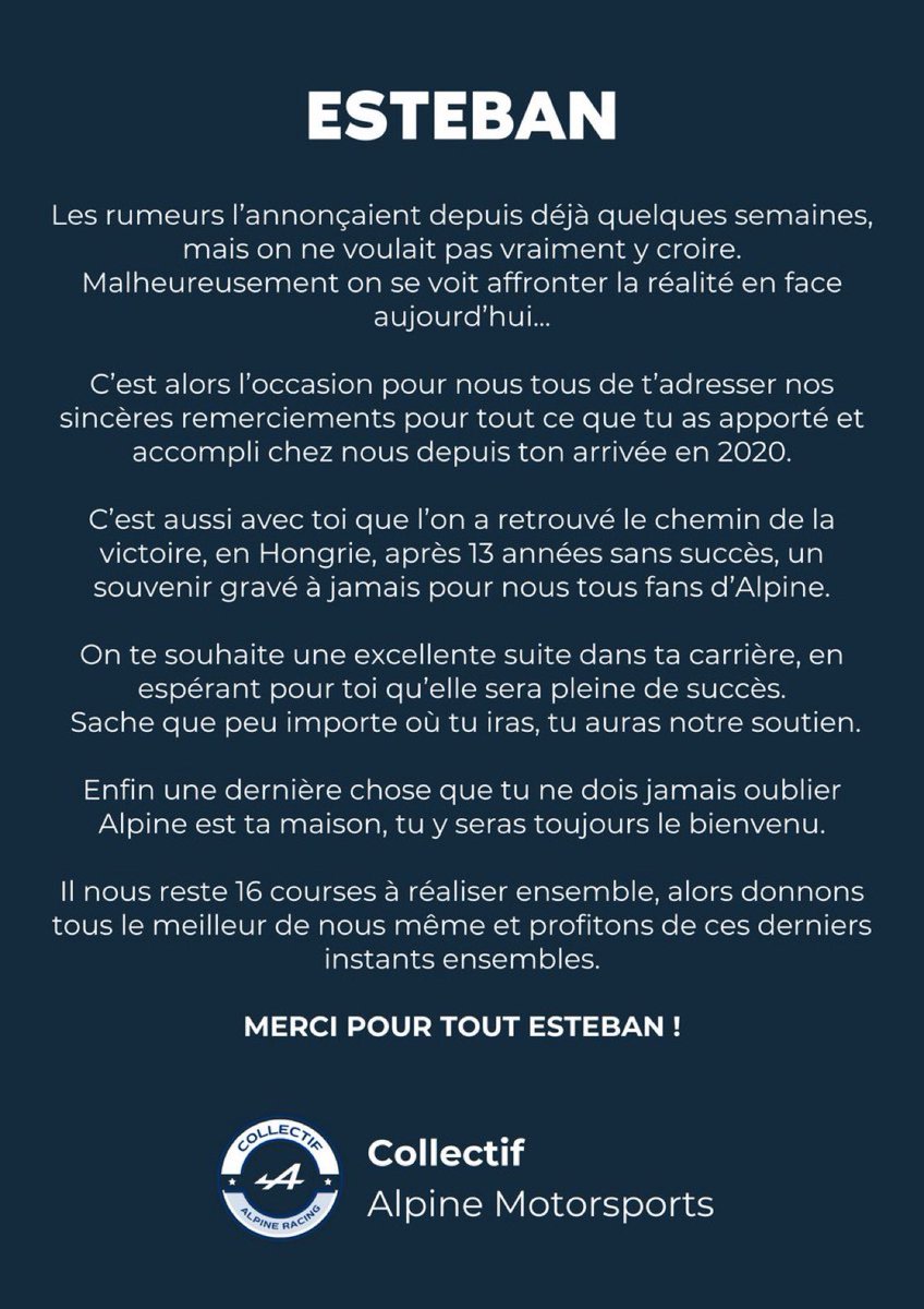 Message pour Esteban 💙

On compte sur tout les fans pour relayer ce message et lui adresser nos remerciements 🙏

#F1 #Ocon