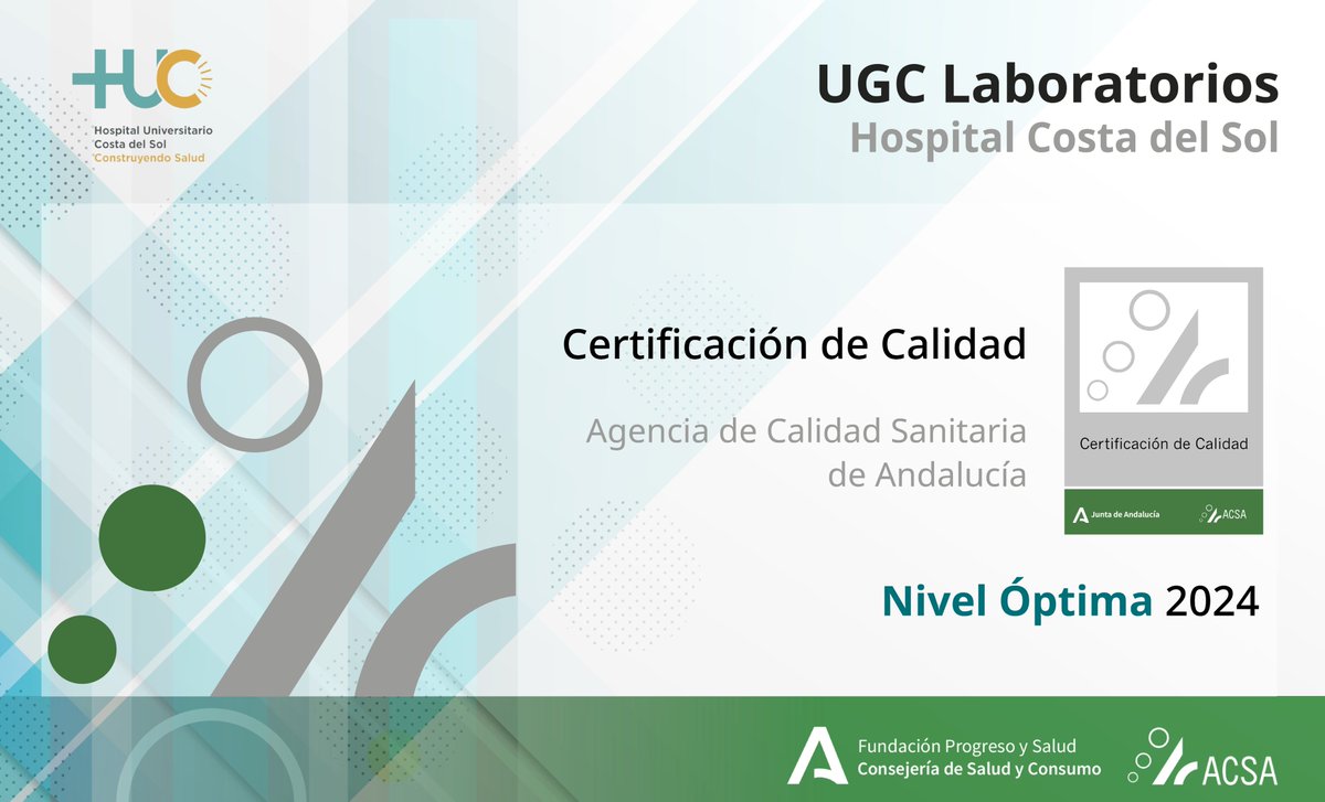 calidadACSA's tweet photo. @ASCostadelSol Y finalmente damos la enhorabuena a la UGC Laboratorios del @ASCostadelSol, que ha obtenido igualmente el nivel `Óptimo´ 🎖️🎖️ de #calidadACSA al finalizar su proceso de #certificación. https://t.co/uacm8ZrvYF