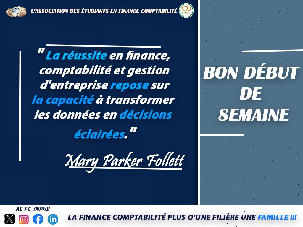 aefc_inphb's tweet photo. Inspirons-nous de Mary Parker Follett : "La réussite en finance, comptabilité et gestion repose sur la capacité à transformer les données en décisions éclairées."
Bonne semaine à tous !
#AEFC
#INPHB
#AEFC_INPHB
#GOOD_WEEK https://t.co/56pntfZAaO