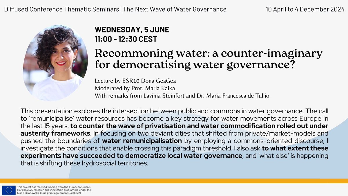 🗓️ 5 June • 11AM CEST  

🙌"Recommoning water: a counter-imaginary for democratising water governance?" with NEWAVE ESR <a href="/Dona_gea/">Dona Geagea</a>.

🔗Register here: nextwatergovernance.net/events/recommo…