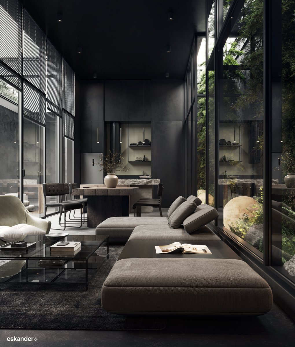 EskanderPlus's tweet photo. We're thrilled to reveal our latest project in Indonesia, "Whispering Stones"! 
This captivating interior design features a unique dark aesthetic balanced by warm lighting. Nature seamlessly integrates with modern furniture, creating a truly extraordinary space ✨ https://t.co/0L5sPOECaK