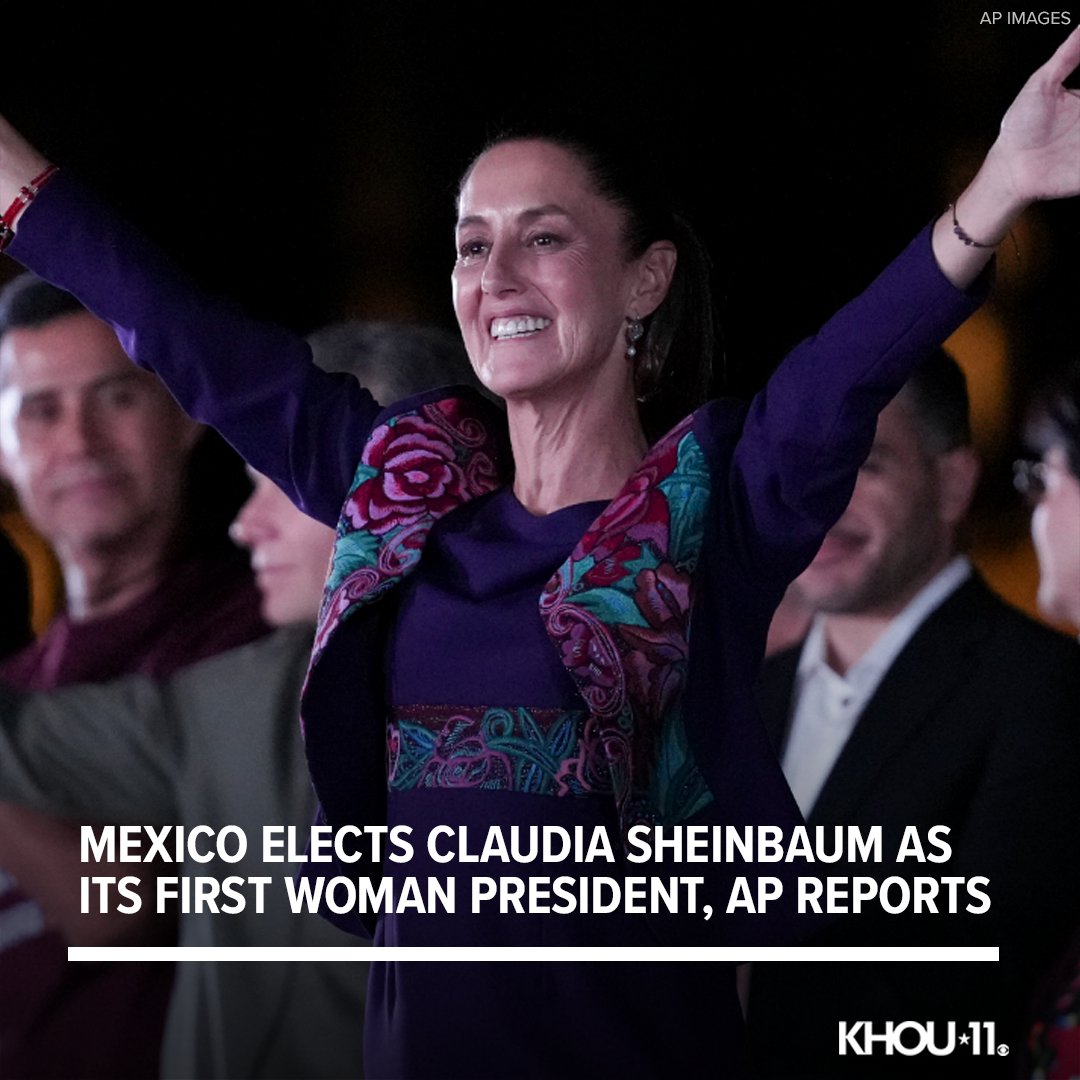 KHOU's tweet photo. HISTORIC ELECTION: Mexico’s projected presidential winner Claudia Sheinbaum will become the first woman president in the country's 200-year history, according to the AP.

Read more: https://t.co/0vNaB6YHQ4 https://t.co/Idg16hfXpY