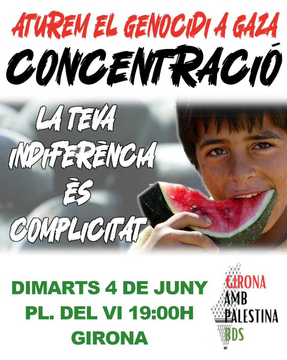 BdsGirona's tweet photo. 🔴Aquesta setmana farà 8 mesos que va començar el genocidi a la Franja de Gaza. Les persones assassinades i les desaparegudes sota la runa es compten per desenes de milers. La comunitat internacional, amb Europa al capdavant, està sent còmplice silenciosa d'aquest genocidi. https://t.co/5jr36ZFHMA