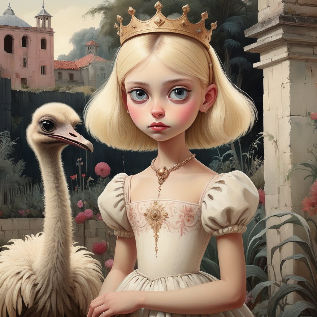 A Niko Pirosmani depiction of a young blonde princess and Miss Os in a beautiful walled garden.