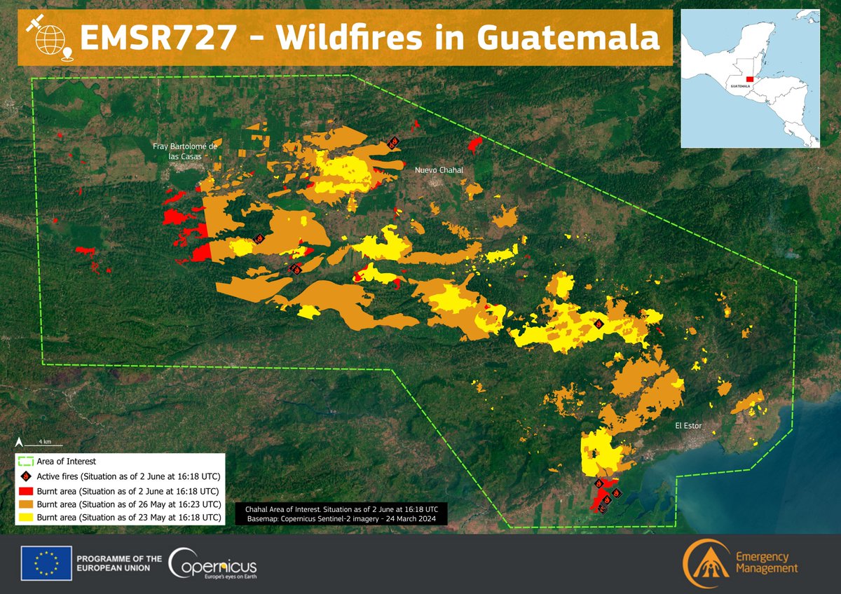 CopernicusEMS's tweet photo. #EMSR727 #Wildfires in #Guatemala🇬🇹

Over the weekend, our #MappingTeam delivered 5 Delineation Products, with more products expected soon

As of 2 June
➡️Over 110,000 ha of burnt area has been detected🔥

More at👇
https://t.co/k6Vc0kqKTm https://t.co/QncuDnGfdP