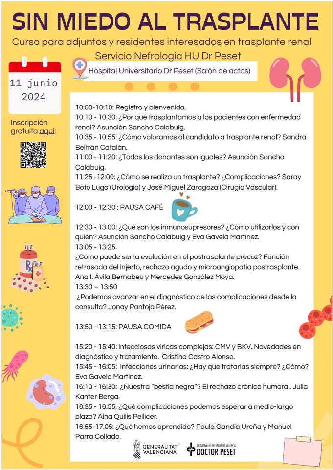 Desde <a href="/nefropeset/">NefroPeset</a>  os invitamos al curso 🥁🥁🥁Sin miedo al trasplante ‼️ 
Todo lo que siempre quisiste saber y no te atreves a preguntar🙋‍♀️🙋Inscripción gratuita en el enlace <a href="/GVADrPeset/">DS Doctor Peset</a> <a href="/nefropeset/">NefroPeset</a> 
drive.google.com/file/d/1NxbHUU…
<a href="/SENTRAsplante/">SENTRAsplante</a> <a href="/SVNefro/">Sociedad Valenciana de Nefrología</a> <a href="/SENefrologia/">S.E.N. Nefrología</a>