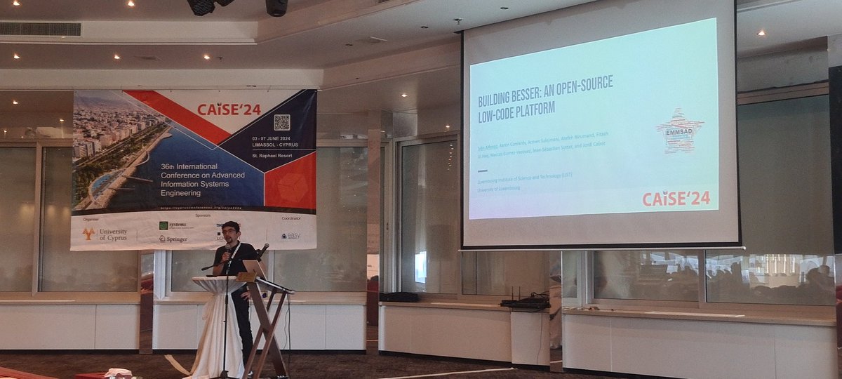 Now at <a href="/EMMSADconf/">EMMSAD</a>: <a href="/Ivandaalf/">Ivan Alfonso</a> presents work with <a href="/ingdesoftware/">Jordi Cabot</a> about BESSER, an #OpenSource #LowCode platform. #EMMSADconf24