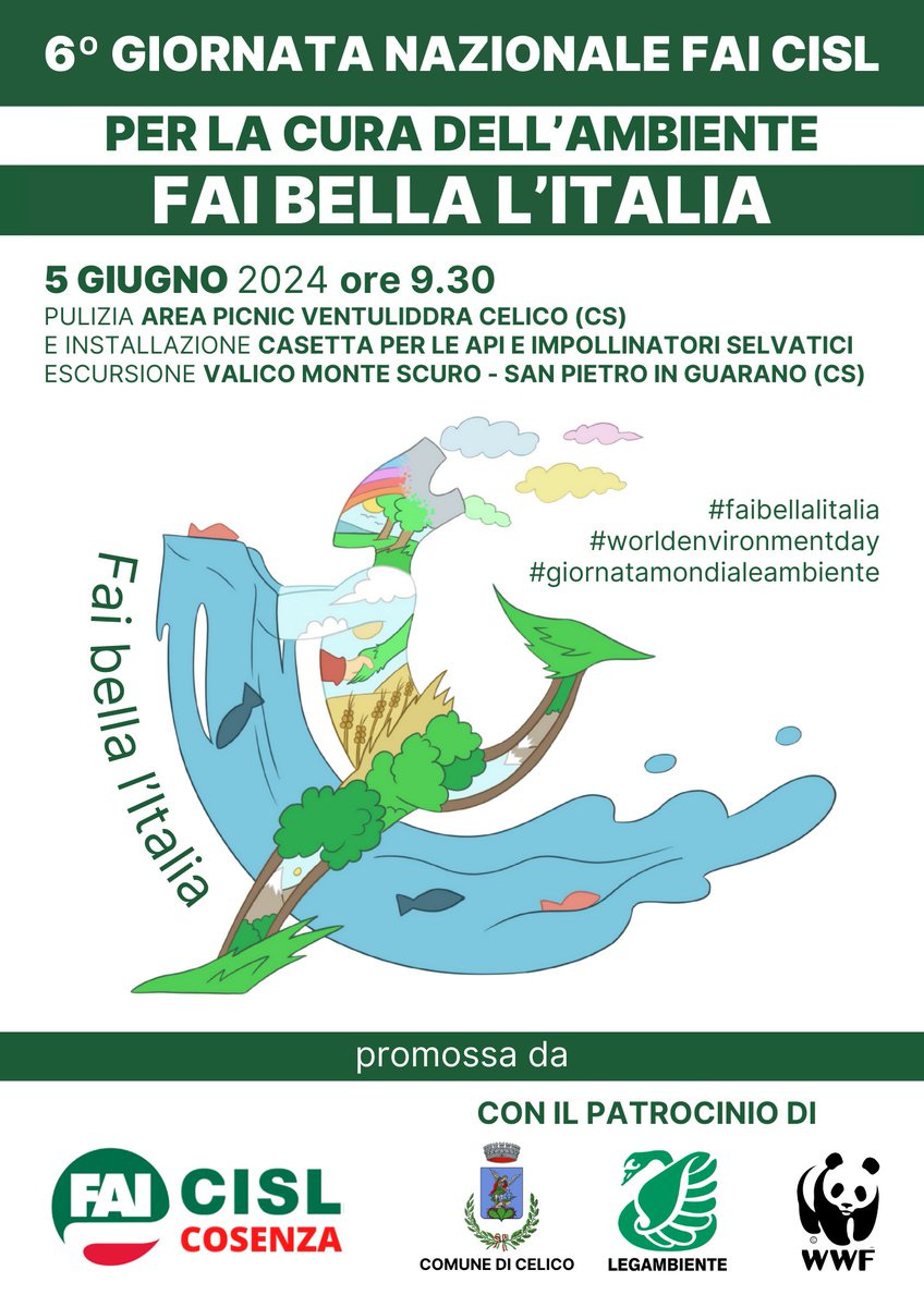 In occasione di #FaiBellalItalia la Giornata nazionale Fai Cisl per la cura dell'Ambiente, il 5 giugno saremo a Celico, in cui svolgeremo attività di pulizia dell'area 'Ventuliddra'.