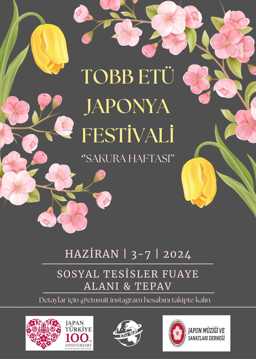 Türkiye Japonya Diplomatik İlişkilerinin 100. Yılı kutlamaları kapsamında <a href="/etusuit/">TOBB ETÜ SUİT</a> ’in düzenlediği ve Japonya Büyükelçiliği tarafından desteklenen TOBB ETÜ Japonya Festivali etkinliğimiz 3-7 Haziran tarihlerinde gerçekleşecektir. Sizleri aramızda görmekten mutluluk duyarız.