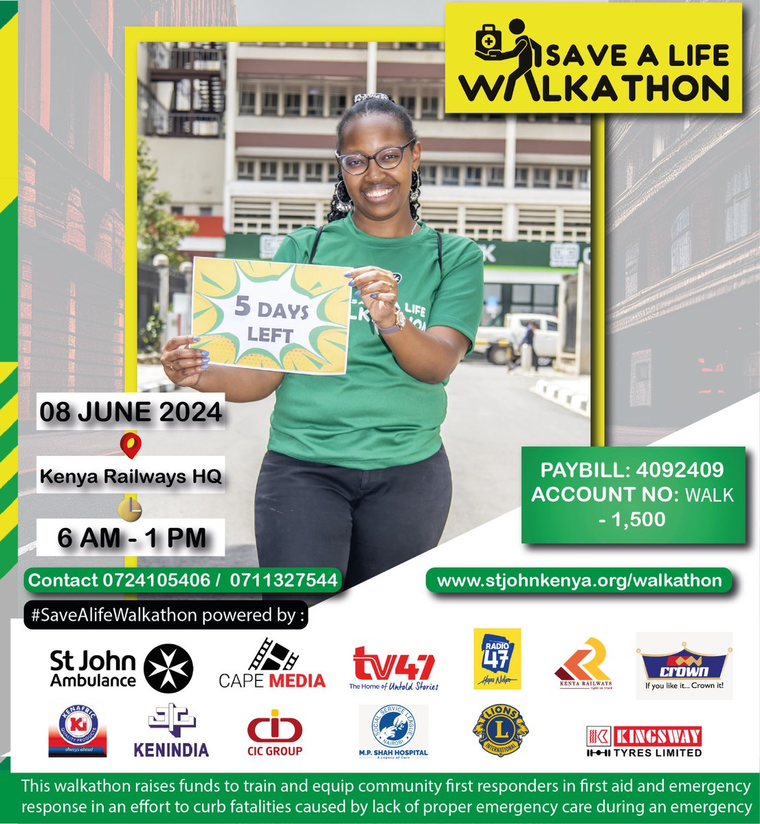 tv47news's tweet photo. Are you reeeady! 💃💃

Join us as we walk with a mission to save lives in the #SaveALifeWalkathon on the 8th June, 2024 at Railway HQ from 6 AM - 1 PM 💪💪

Grab your T-shirt at only Sh. 1,500 and let's create beautiful memories together 🔥🔥

Click on the link to register👇👇

https://t.co/t5tV4zpJ9G

Powered by: @tv47news  and @StJohnKenya