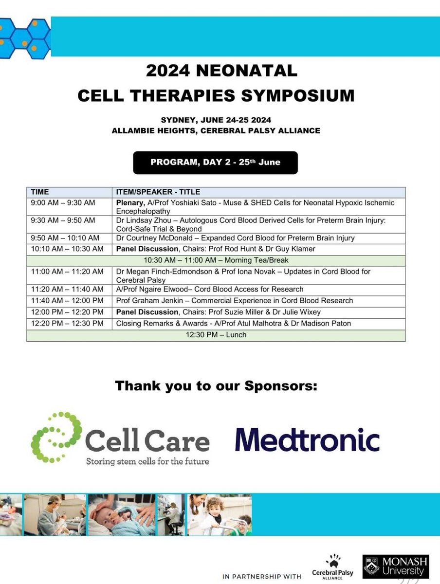 Atul Malhotra (@atul_monash) on Twitter photo The final program of the 2024 <a href="/Neo_CellTherapy/">Newborn Cell Therapies</a> Symposium #NCT2024 is out. See below 👇🏽
Thank you to all the stellar speakers and chairpersons.
Abstract deadline 10th June.
More info and registration: nct2024.eventbrite.com The final program of the 2024 <a href="/Neo_CellTherapy/">Newborn Cell Therapies</a> Symposium #NCT2024 is out. See below 👇🏽
Thank you to all the stellar speakers and chairpersons.
Abstract deadline 10th June.
More info and registration: nct2024.eventbrite.com
