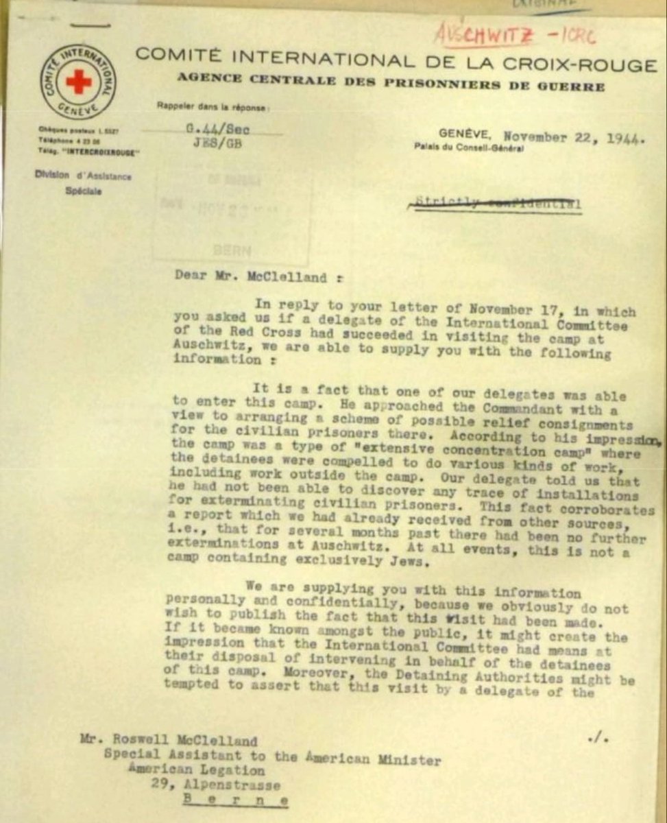 Red Cross in 1944: “We found no trace of installations for exterminating civilian prisoners in Auschwitz” 👇

Red Cross in 2024: “We found no evidence of weapons or hostages being kept in hospitals in Gaza”