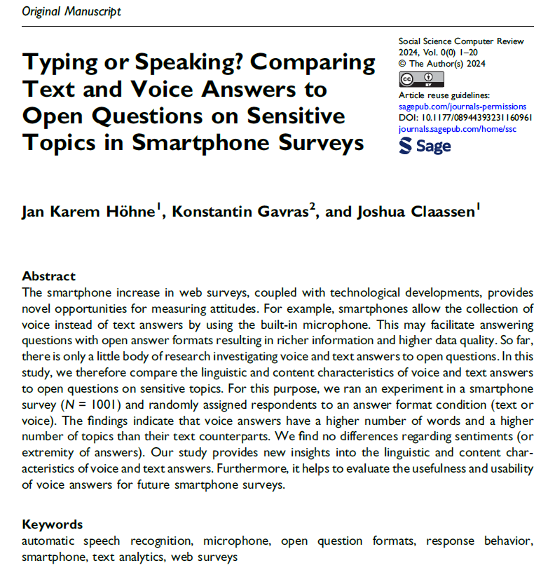 DZHW_info's tweet photo. 📢📢 Check out the new #Open #Access paper by @jkhoehne, @kongavras, and @JClaass in #SSCR comparing #voice and #text answers to open questions on #sensitive topics. Voice answers have more #words and #topics but show no #social #desirability differences! https://t.co/RupMyOn69z https://t.co/peWYIEwUtv