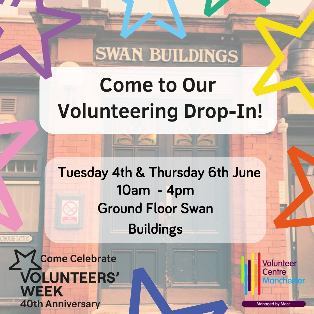 Today marks the start of #VolunteersWeek! Join us this week for our #volunteering drop-ins.

📅 Drop-Ins: June 4 &amp; 6, 10am-4pm at Swan Buildings, 20 Swan St, #Manchester.

Meet our team and let's support our community together!
