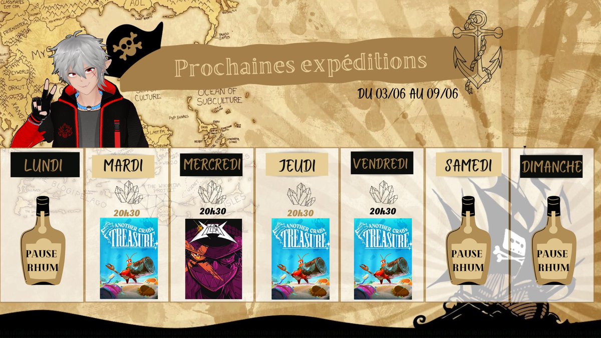 Mardi/Jeudi/Vendredi Another Crab Treasure !

Un bernard L'hermite qui doit habillé son cucul avec ce qu'il trouve dans l'ocean !

Mercredi Zet Zillions ! Rogue Like Deck Building !

La Direction Artistique est magnifique ! un coté Kill La Kill !

Hate de tous vous retrouvez <3