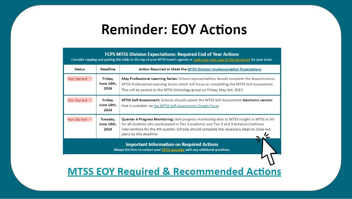 Does your MTSS team need support completing the MTSS Self-Assessment (June 14)? Do you have MTSS in SIS questions as you work on your Quarter 4 Progress Monitoring (June 18)?

Reach out to your Region MTSS Specialist!