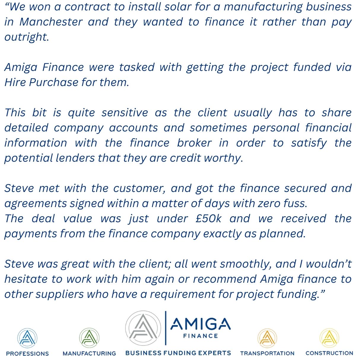 Whilst sourcing finance for clients our team work alongside suppliers, often on a one off basis. So when we received the following feedback, we thought it was worthy of sharing as it highlights our competence, reliability and client-focused approach. Thanks Ian at <a href="/RawsonEVPower/">Rawson EV Power & Solar</a>