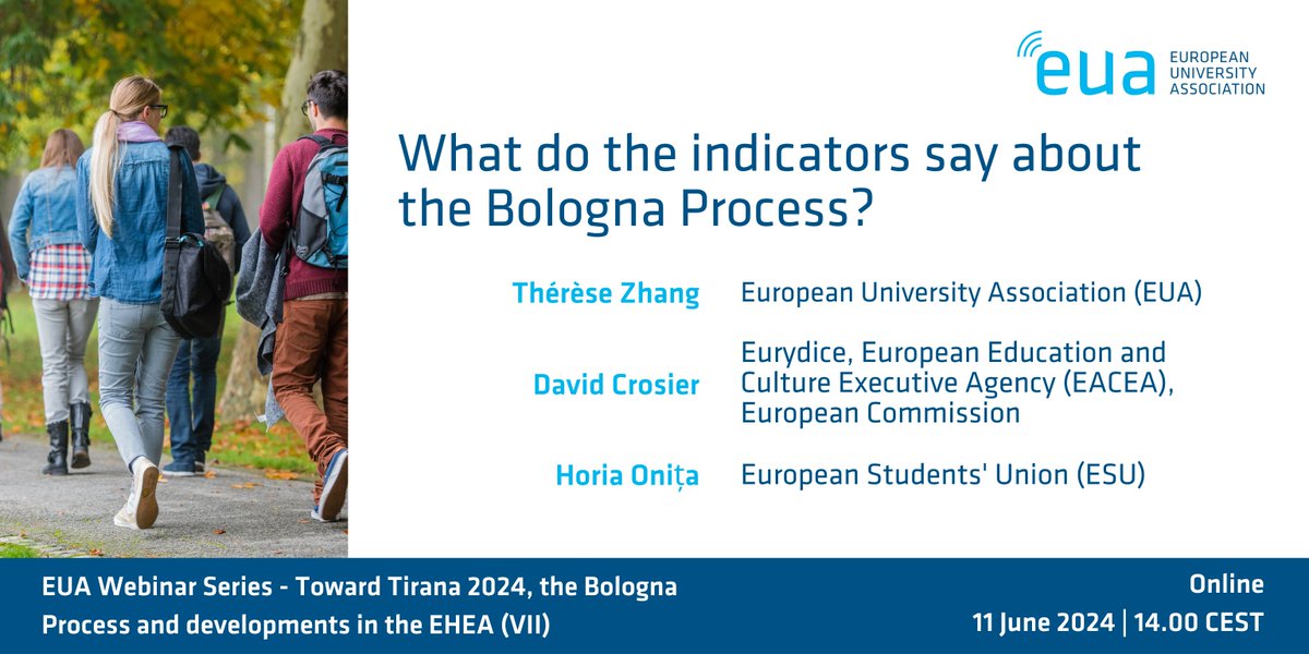 Register to our webinar on indicators about the Bologna Process for findings from:
➡️ @EU_Commission #EurydiceEU / the Bologna Implementation Report
➡️ @ESUtwt / Bologna with Students’ Eyes report
➡️ EUA / our #Trends2024 report

📆  11 June
🔗  bit.ly/3WSnU4H
