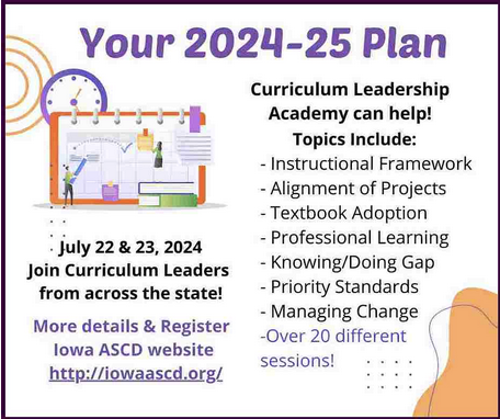 IowaASCD's tweet photo. Iowa ASCD Curriculum Leadership Academy -  Adapt!   Engage!   Inspire!
July 22 &amp; 23, 2024

Bring a team!

Check out the flyer at https://t.co/weRqG8Bjj0

Register at https://t.co/sCjt0eC8XK https://t.co/eDB2M4s6sh