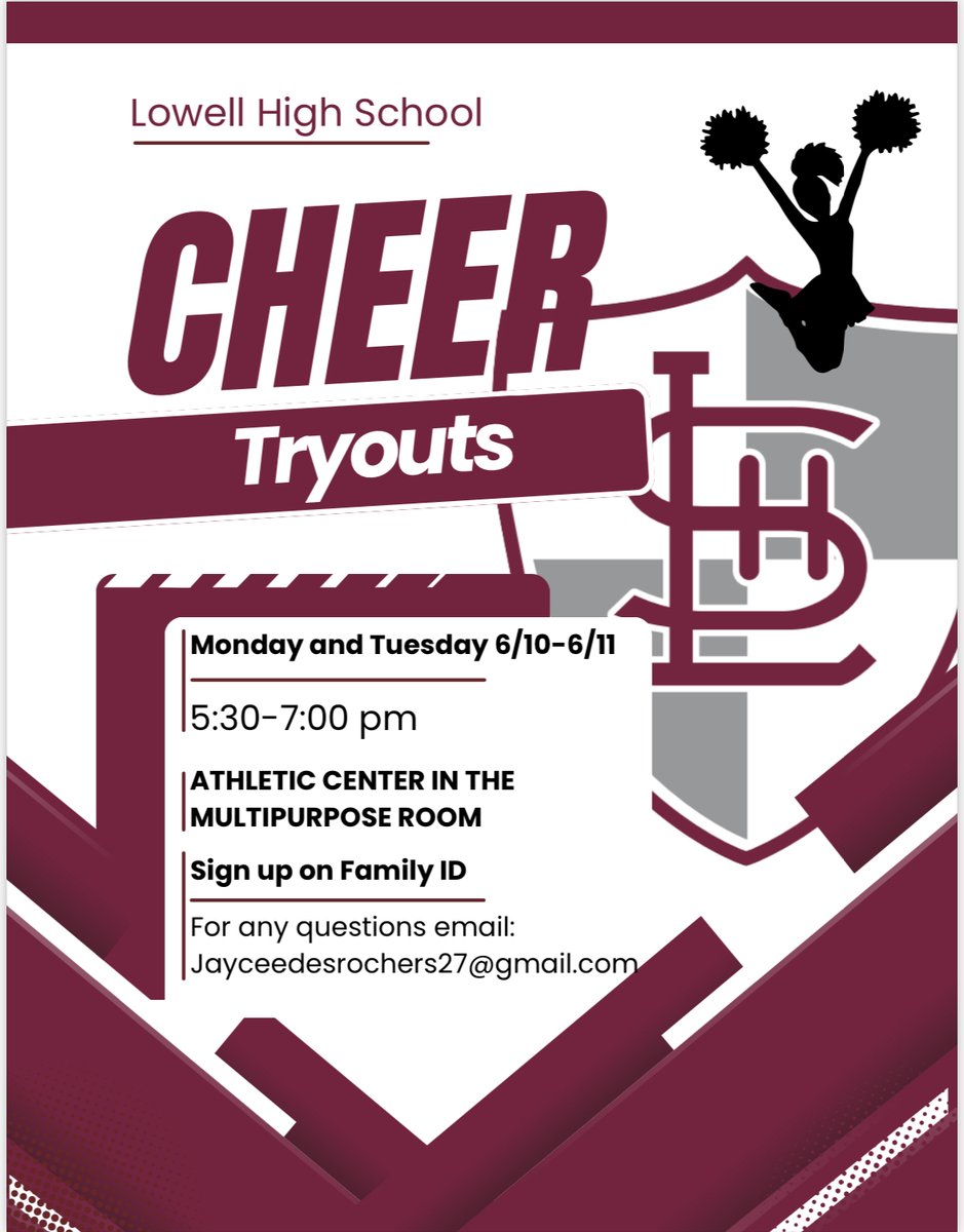 ALERT - CHEERLEADING TRYOUTS
Monday, June 10th &amp; Tuesday, June 11th
Multipurpose Room - 5:30PM - 7:00PM (bottom floor of athletic center)
MUST BE REGISTERED TO TRYOUT @ students.arbitersports.com/organizations/…