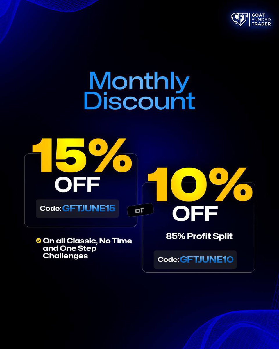 🚨JUNE DISCOUNT🚨

1 Free Month on MTJ on all accounts!

✅ 15% OFF
🎟 Code: GFTJUNE15
Available on ALL Classic, No Time Limit and One Step Challenges

OR

✅ 10% OFF
✅ 85% Profit split
🎟 Code: GFTJUNE10
Available on ALL Classic, No Time Limit and One Step Challenges